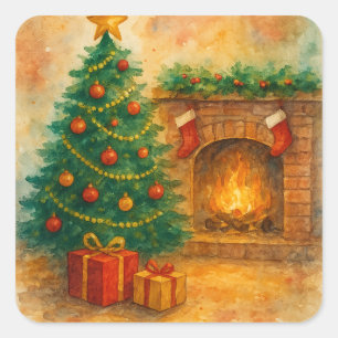 Wasserfarben-Weihnachtsbaum und gemütlicher Kamin Quadratischer Aufkleber
