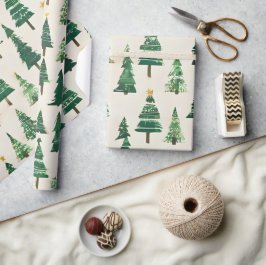 Wasserfarben-Weihnachtsbäume | Grüne Kiefern-Feier Geschenkpapier