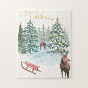 Wasserfarben-Weihnachtshirsch-Puzzle Puzzle