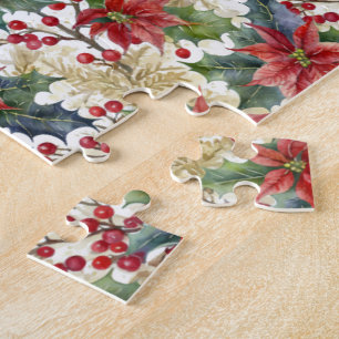 Wasserfarben-Weihnachtsstern und Stechpalmenmuster Puzzle