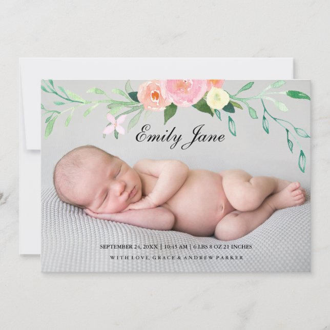 Wasserfarben Wildblume Foto Geburtsankündigung Ankündigung (Vorderseite)