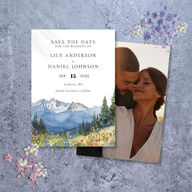 Wasserfarben Wildblume Foto Hochzeit Save The Date (Watercolor Mountain Wildflower Photo Wedding Save The Date)
