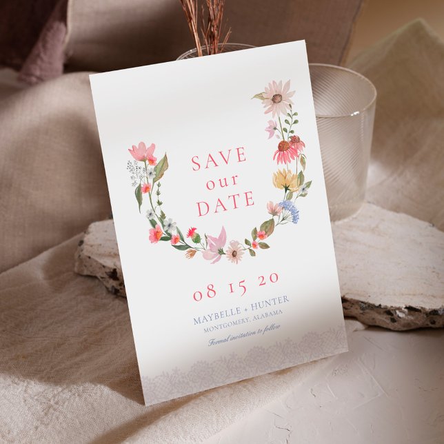 Wasserfarben-Wildblume Save the Date (Watercolor Wildflower Wreath & Lace Save The Date)