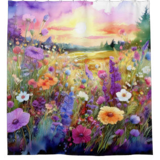 Wasserfarben: Wildblumen bei Sonnenuntergang Duschvorhang