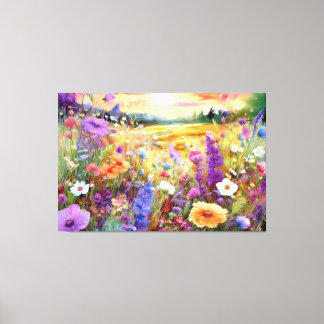 Wasserfarben-Wildblumen bei Sonnenuntergang Leinwanddruck