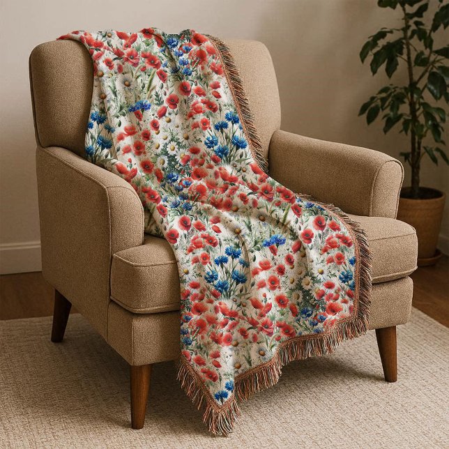 Wasserfarben-Wildblumen-Mohn-Daisy-Wurfdecke Decke (Throw)