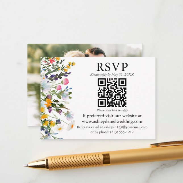 Wasserfarben Wildblumen QR UAWG Hochzeit Begleitkarte (Vorderseite/Rückseite Beispiel)