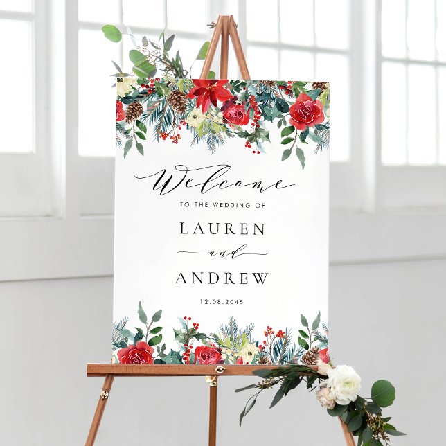 Wasserfarben Winter blüht Blumengarnelen Hochzeit Poster (Customizable festive floral wedding welcome sign featuring watercolor winter flowers and greenery)