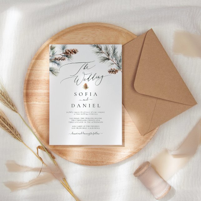 Wasserfarben Winter Spruce Twigs Pine Cone Hochzei Einladung (Von Creator hochgeladen)