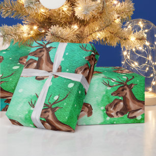 Wasserfarben Winter Weihnachtswald Hirsche Tiere Geschenkpapier