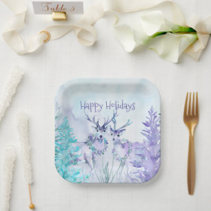 Wasserfarben-Winterlandschaft Frohe Feiertage Pappteller