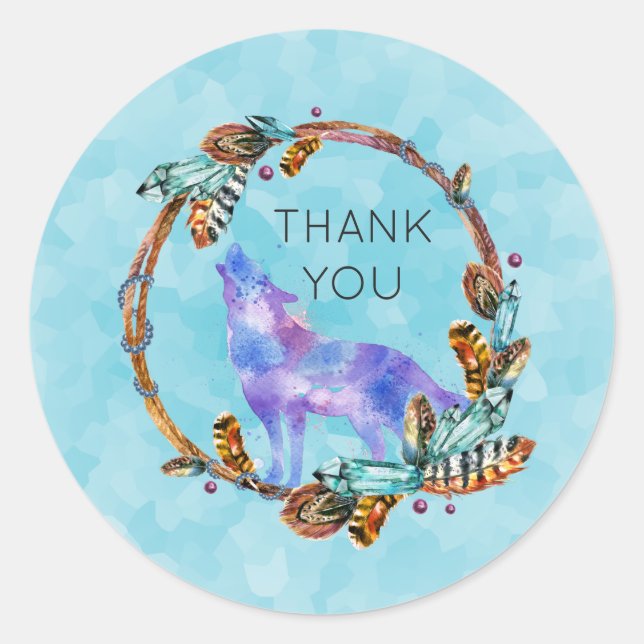 Wasserfarben-Wolf mit einem Boho-Stil-Feuerwerk Vi Runder Aufkleber (Vorderseite)