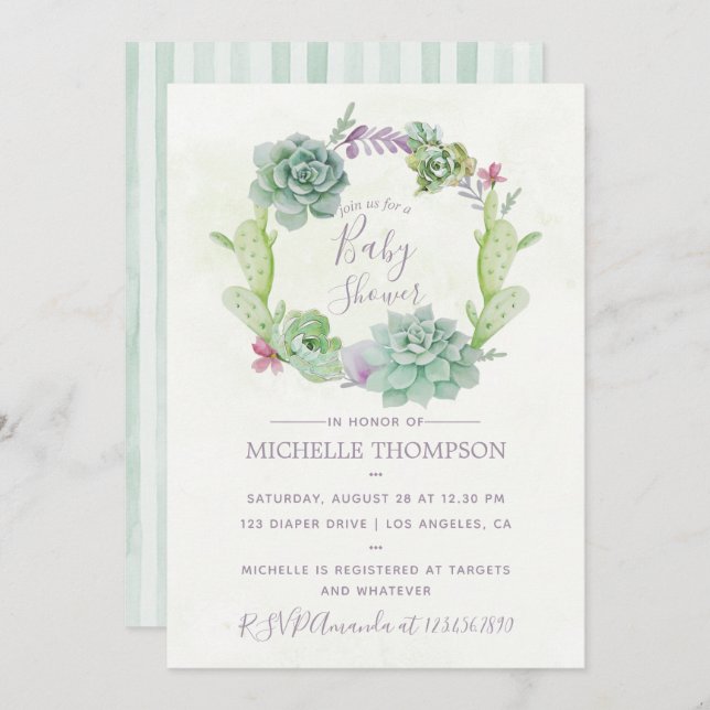 Wasserfarben-Wüste-Kaktus Succulents Babydusche Einladung (Vorne/Hinten)