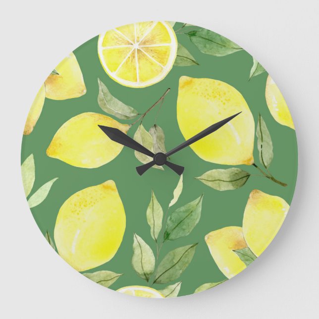 Wasserfarben Zitrone, Fruchttapete Muster. Große Wanduhr (Vorderseite)