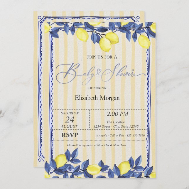 Wasserfarben Zitronen Gelbe Streifen Babydusche Einladung (Vorne/Hinten)