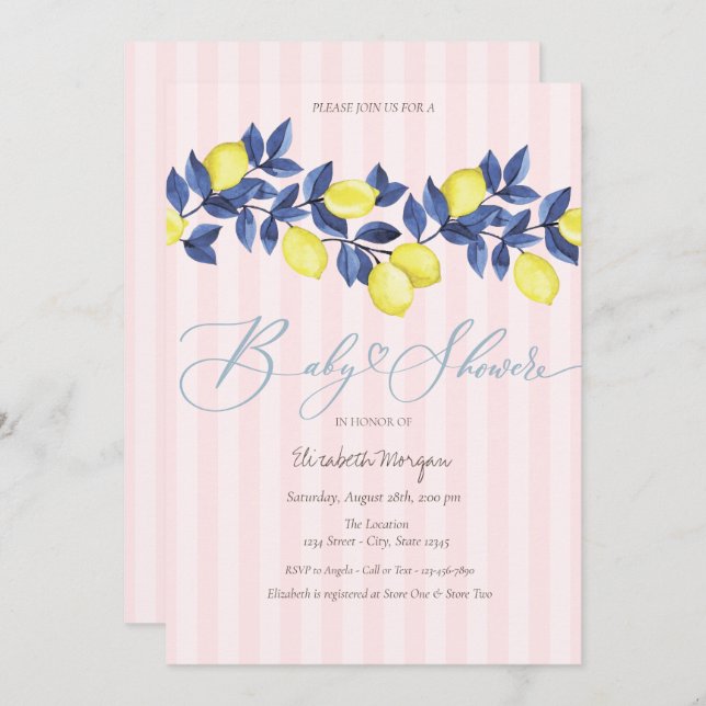 Wasserfarben Zitronen Rosa Stripte Kinderdusche Einladung (Vorne/Hinten)