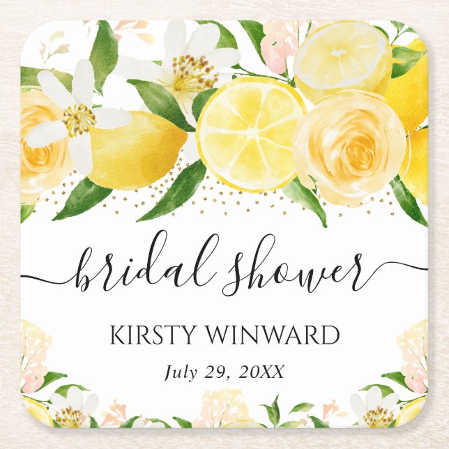 Wasserfarben-Zitronen und Blume-Brautparty Rechteckiger Pappuntersetzer (Vorderseite)