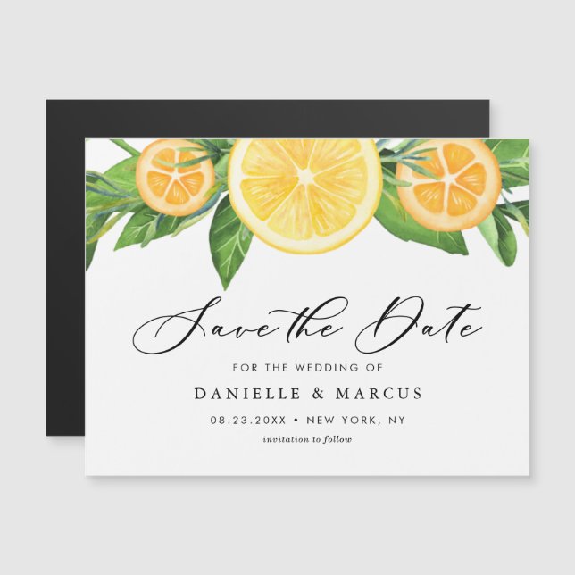 Wasserfarben Zitronen und Orangen Sommer Save the  Magneteinladung (Vorne/Hinten)