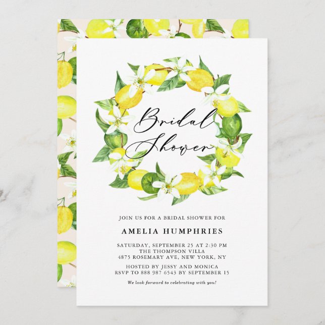 Wasserfarben-Zitronenblüten Brautparty Einladung (Vorne/Hinten)