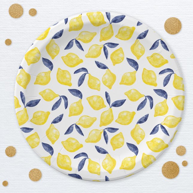 Wasserfarben-Zitronenmuster Pappteller (Citrus lemon mediterranean watercolor pattern party paper plates)