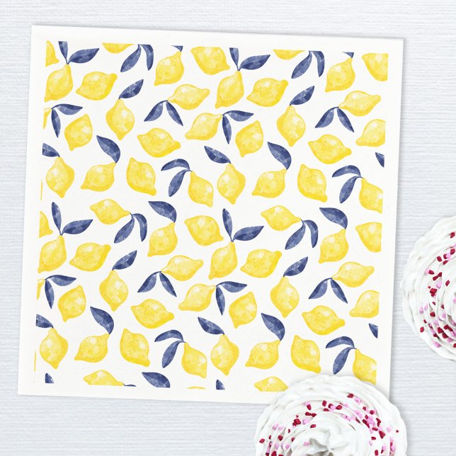 Wasserfarben-Zitronenmuster Serviette (Blue yellow and white watercolor lemon pattern paper napkin)