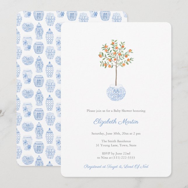 Wasserfarben Zitrus Orange Tree Baby Boy Dusche Einladung (Vorne/Hinten)