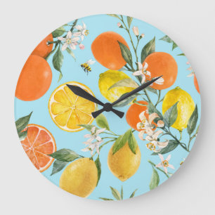 Wasserfarben-Zitrusfrüchte: Handgezogene Früchte Große Wanduhr