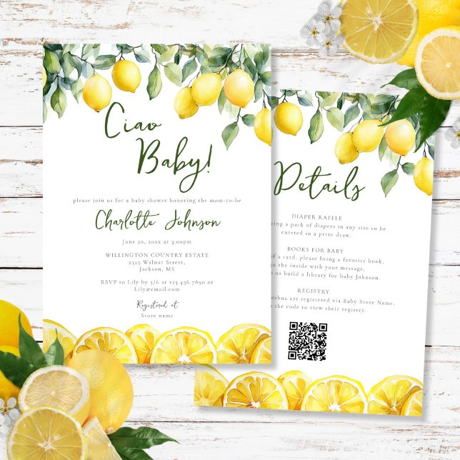 Wasserfarben-Zitrusfrüchte in einer Babydusche Einladung (Watercolor Lemon Citrus All In One Baby Shower Invitation)