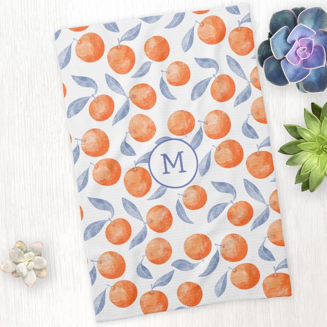 Wasserfarben-Zitrusorange-Mittelmeer-Monogramm Geschirrtuch (Mediterranean watercolor citrus orange fruit pattern monogram initial kitchen tea towel)