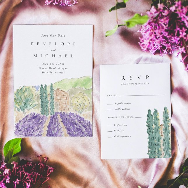 Wasserfarben-Zypressen-Bäume, die RSVP hochhalten (Watercolor Lavender Fields destination wedding RSVP response card.)