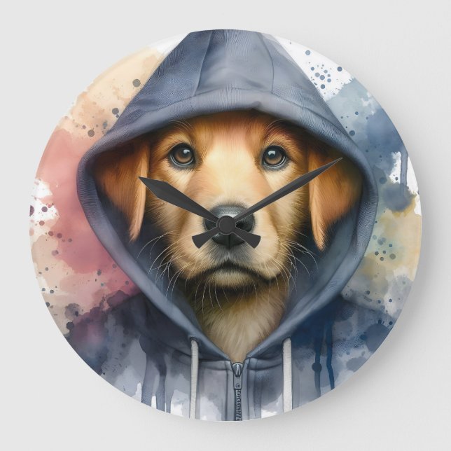 Wasserfarbenarmatur Brauner Hund in einem Hoodie-S Große Wanduhr (Vorderseite)