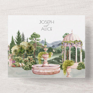 Wasserfarbenästhetik grüner Garten elegante Hochze All In One Einladung