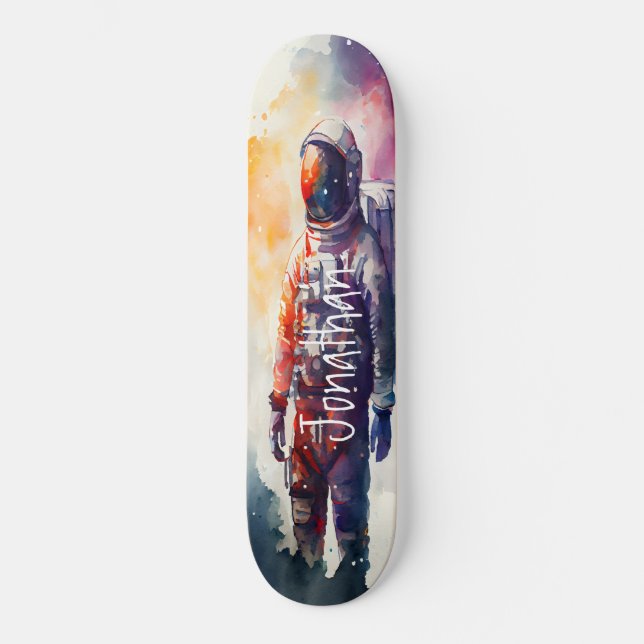 Wasserfarbenastronaut auf der Skateboard (Vorderseite)