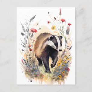 WasserfarbenBadger, der durch eine Blume-Wiese läu Postkarte