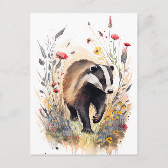 WasserfarbenBadger, der durch eine Blume-Wiese läu Postkarte (Vorderseite)