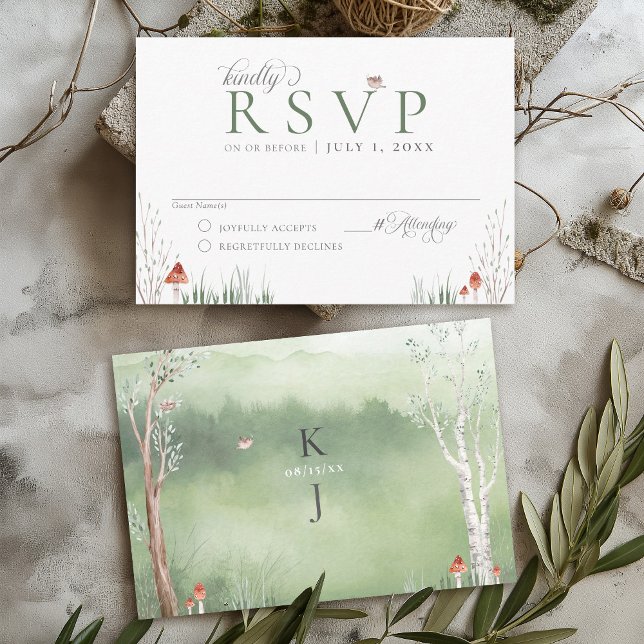 Wasserfarbenbaum Whimsical Cotattecore Niedliche H RSVP Karte (Cute whimsical cottagecore dreamy sage green tree arch forest mushroom wedding invitation RSVP card)