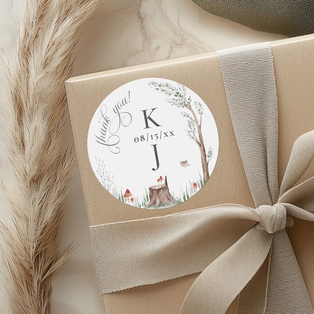 Wasserfarbenbaum Whimsical Wedding Vielen Dank Runder Aufkleber (Watercolor whimsical trees forest mushroom botanical wedding monogram thank you favor gift sticker)