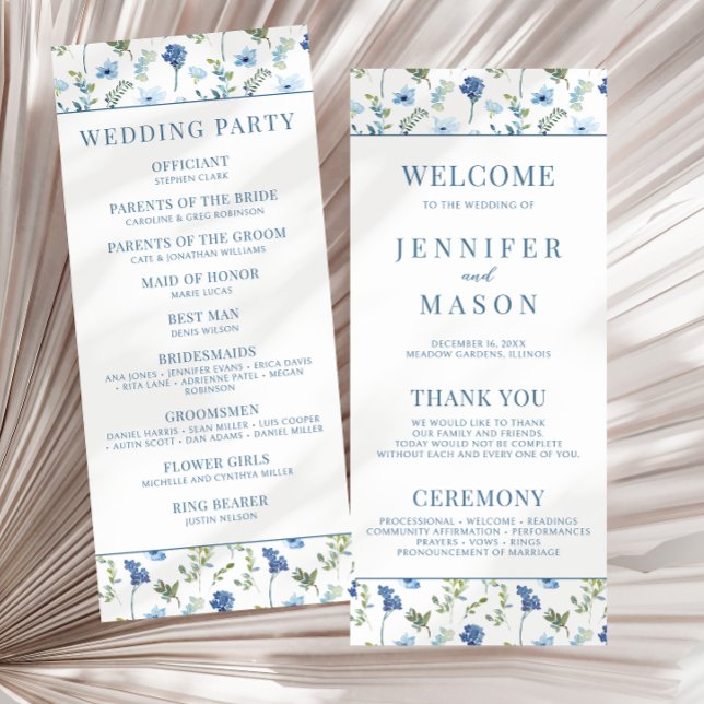Wasserfarbenblaue Blumen rustikales Hochzeitsprogr (Von Creator hochgeladen)