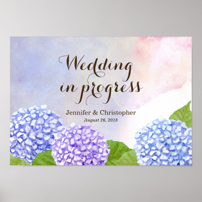Wasserfarbenblaues Hydrangea Hochzeit in Arbeit Poster (Vorne)