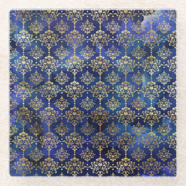 Wasserfarbenblaues Muster mit Goldener Damaske Glasuntersetzer (Vorderseite)
