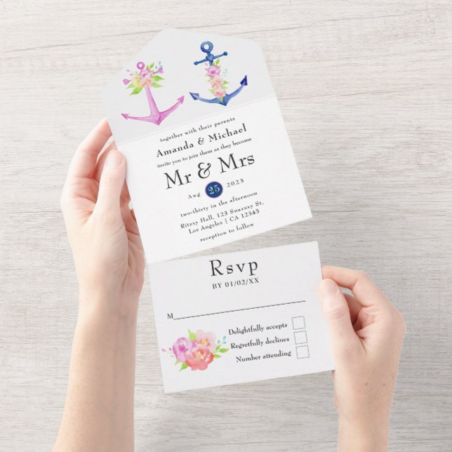 Wasserfarbenblütenhochzeit All In One Einladung (Abreißen)