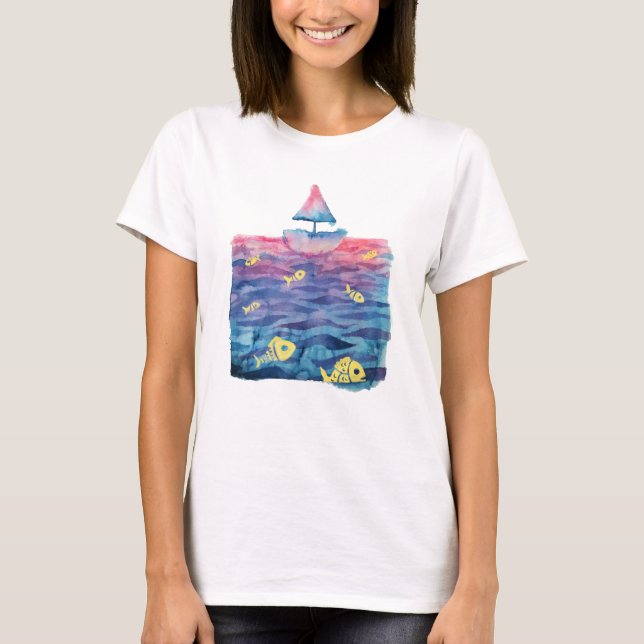 Wasserfarbenboot und Fisch T-Shirt (Vorderseite)