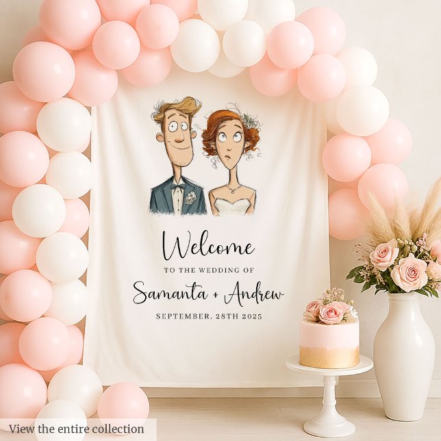 Wasserfarbenbrille und Groom Wedding Banner Quirky Wandteppich (Watercolor Bride and Groom Wedding Banner Quirky)