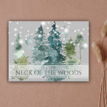 Wasserfarbendeck der Woods Moving Announcement Postkarte<br><div class="desc">Dieses Design umfasst Aquarellbäume,  Saitenleuchten und benutzerdefinierte Typografie.</div>