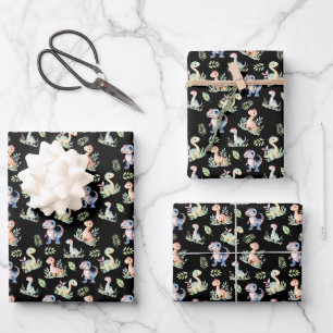 Wasserfarbendinosaurier auf schwarz geschenkpapier set