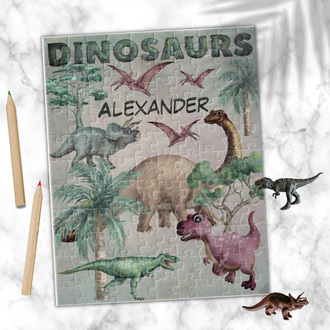 Wasserfarbendinosaurier T-Rex Dinos Boys Name Puzzle (Von Creator hochgeladen)