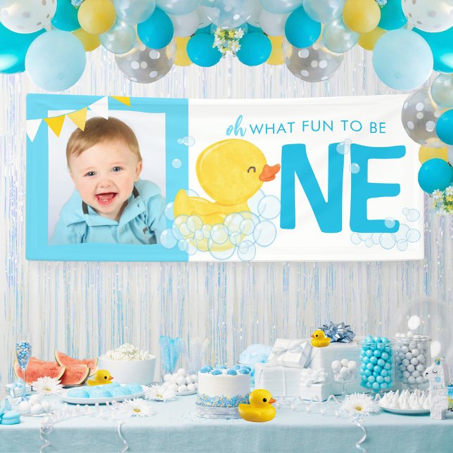 Wasserfarbenduck Oh What Fun Foto Party Banner (Watercolor Rubber Duck Oh What Fun Photo Party Banner for Ducky 1st Birthday Party Decorations)
