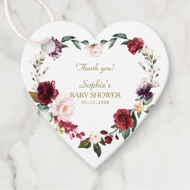 Wasserfarbendusche Burgundy Bloral Baby Dusche Geschenkanhänger (Vorderseite)