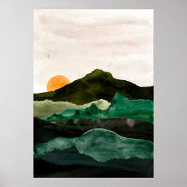 Wasserfarbene abstrakte Berglandschaft. Sunset Art Poster