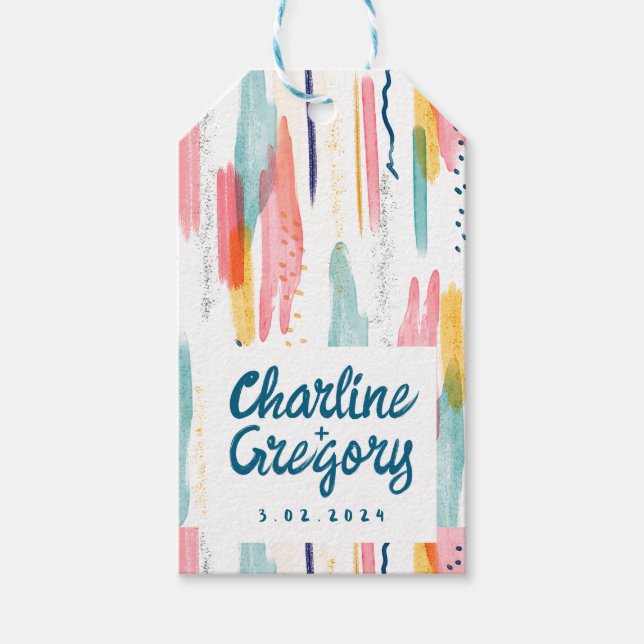 Wasserfarbene Abstrakte Pinselstriche Hochzeiten Geschenkanhänger (Vorderseite)